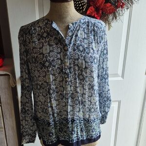 LOFT Blue and Cream Patterned Blouse